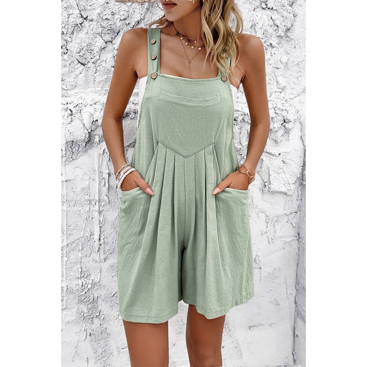 Supreme Fashion - Wholesale Romper - Women's - Square Neck Pockets Button Tirm Ruched Romper10