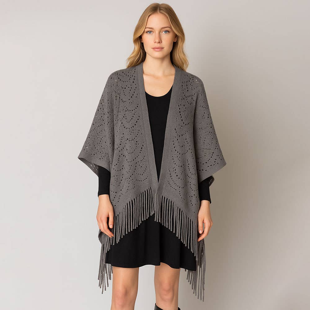 Sensibling Corp. - Wholesale Poncho - Women's - Fringe Open Knit Crochet Draped Shawl Wrap Ruana Poncho4