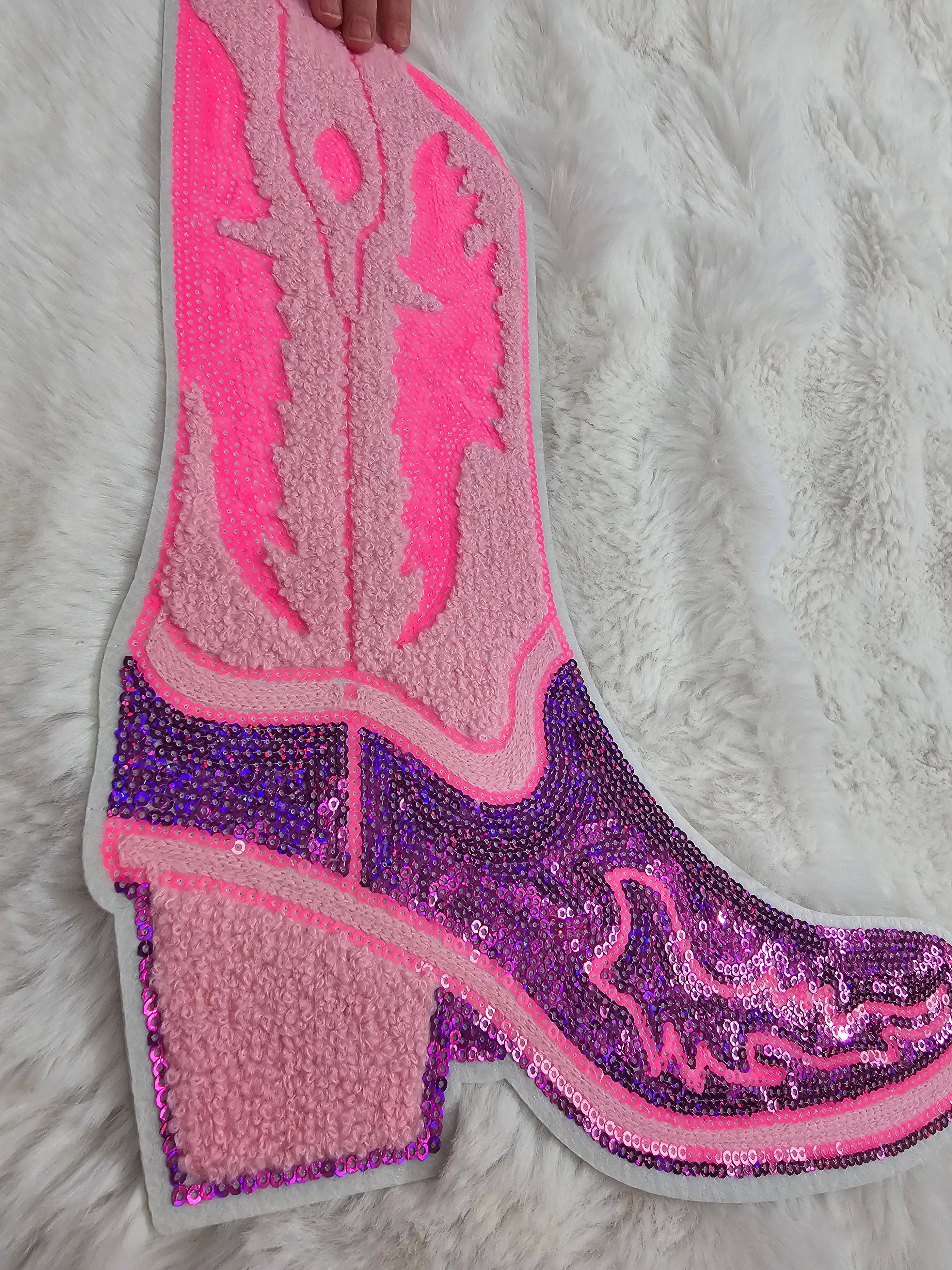 Scratch Decor - Wholesale Patch - Cowgirl Boot Large Pink Chenille Purple & Hot Pink Sequin Ir1