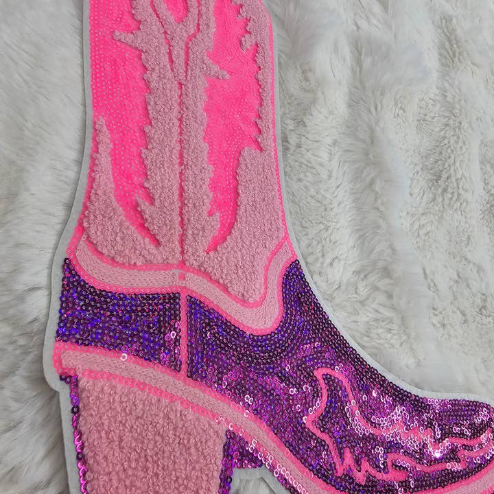 Scratch Decor - Wholesale Patch - Cowgirl Boot Large Pink Chenille Purple & Hot Pink Sequin Ir1