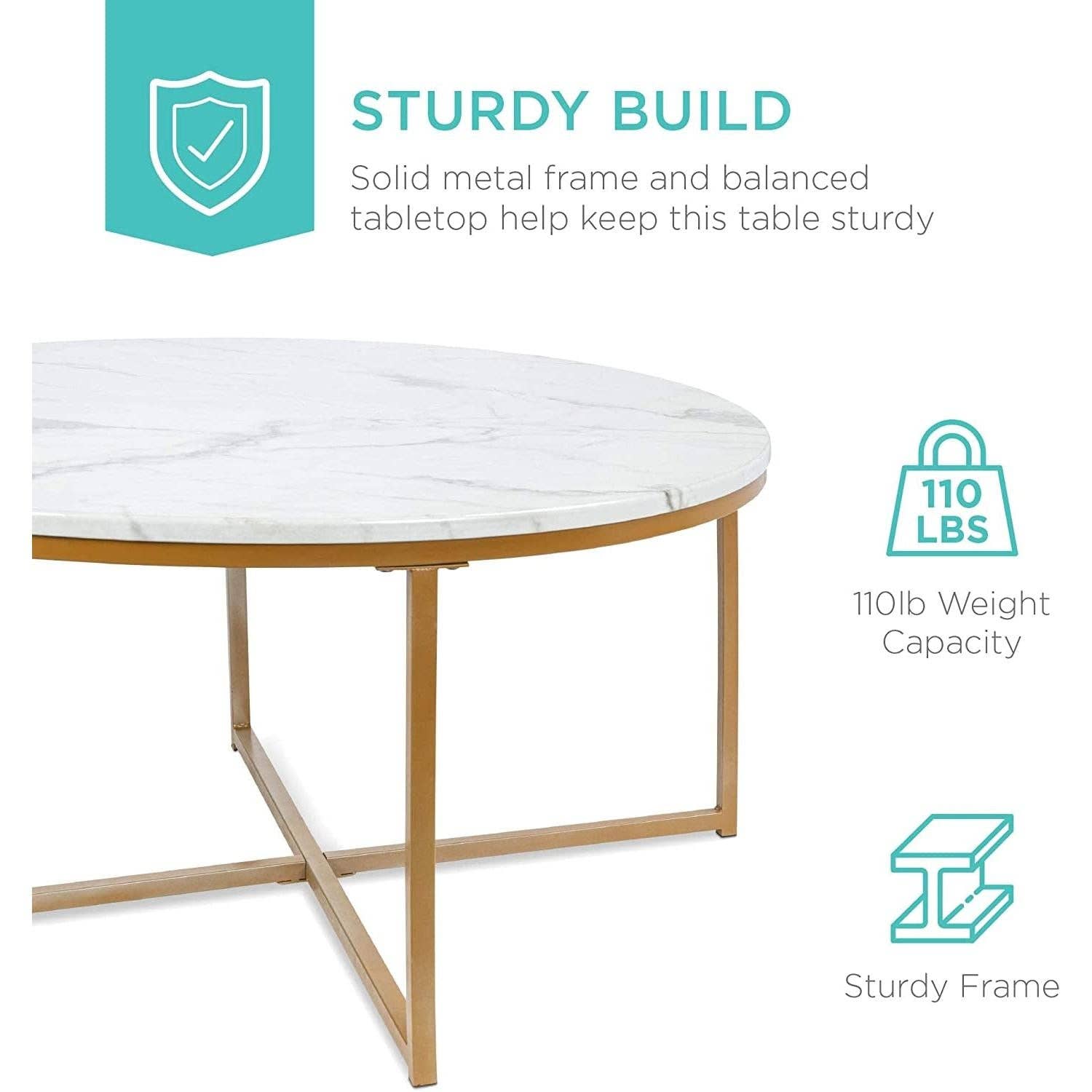 Gold Round Coffee Table With Faux Marble Top Cross Leg Design for wholesale on Faire2