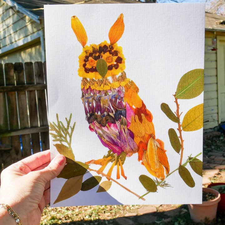 Pressed flower Owl art, floral collage owl, whimsical art made with real flowers, whimsical owl print for wholesale by Remedy Designs
