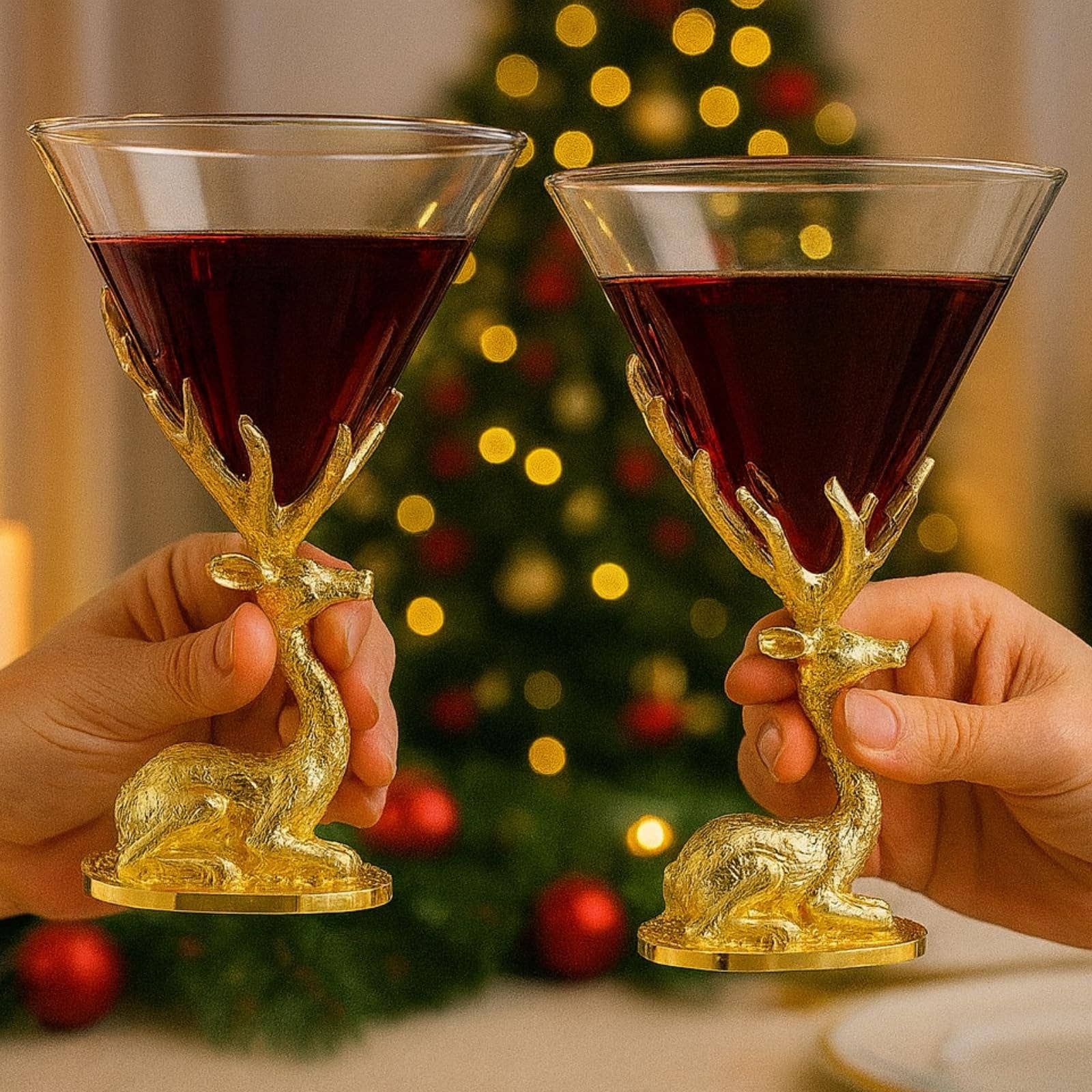 The Wine Savant /  Khen Glassware - Vente Verres à cocktail/alcool - Ensemble de 2 verres à cocktail avec bois de cerf, design cerf doré5