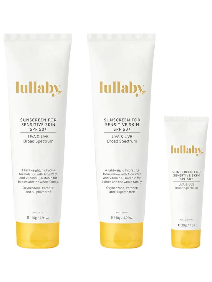 SPF50+ Zonnebrandcrème Trio voor de gevoelige huid (2 x 140 g + 1 x 30 g reisformaat) voor wholesale door Lullaby Skincare