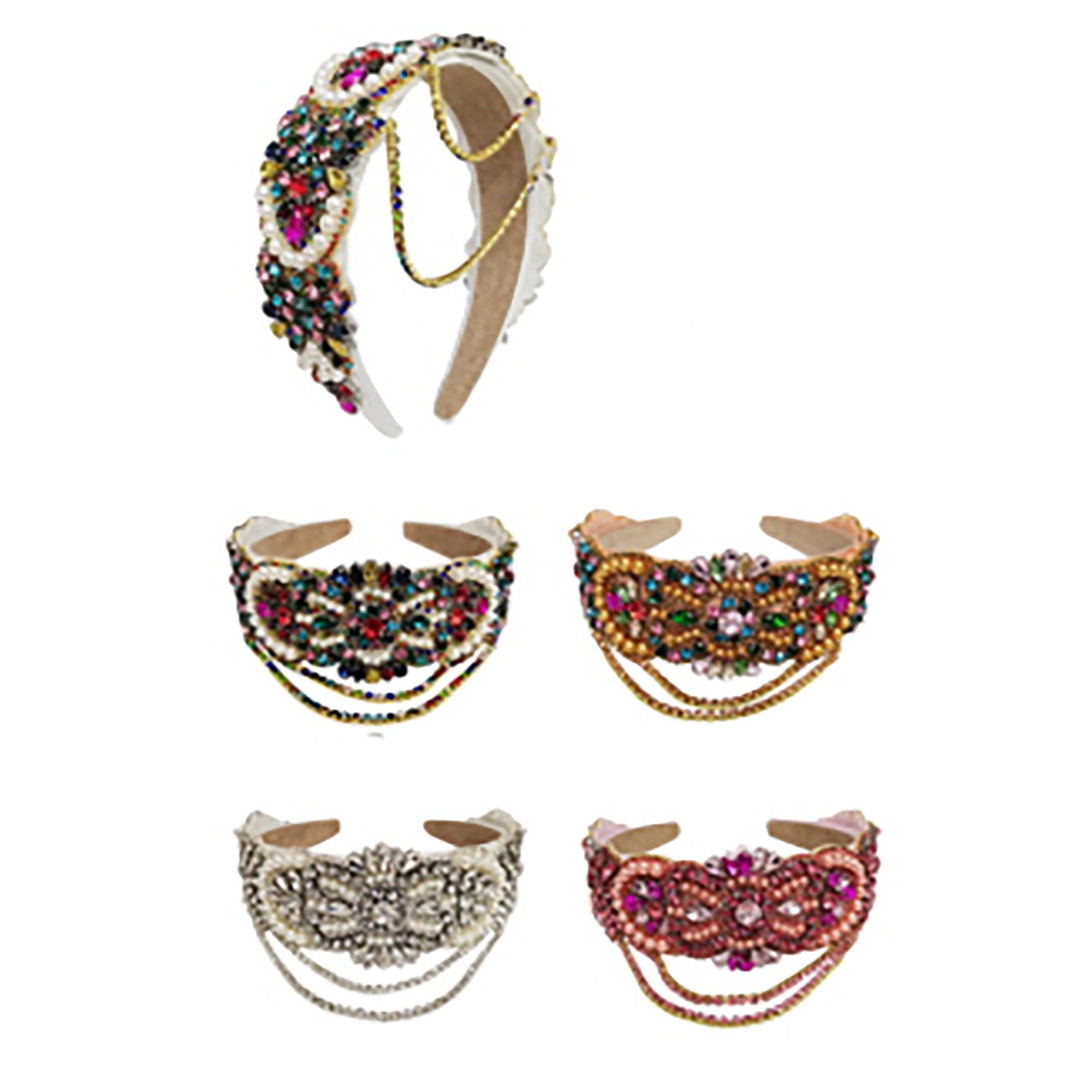 SORTIERT Perlenfarbene Kristallkette Dekor Stirnband HB1227-50 (11 Stück) für den Großhandel auf Faire5