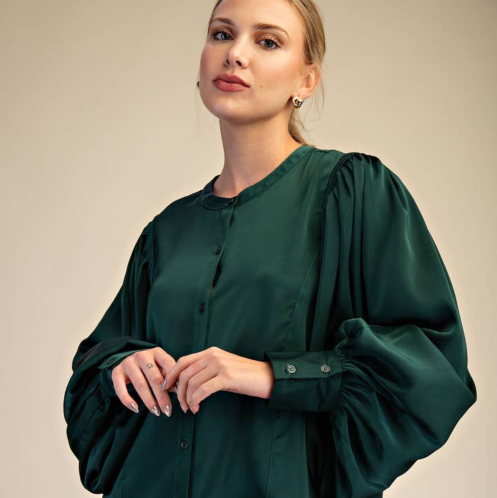 Glam - Wholesale Blouse - Women's - Round Neck Button Down Puff Long Sleeve Satin Top20