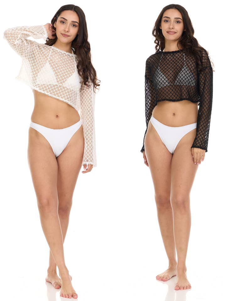 Top corto cuadrado con cuello barco y mangas largas de malla de diamante para venta al por mayor de Aruba Blue