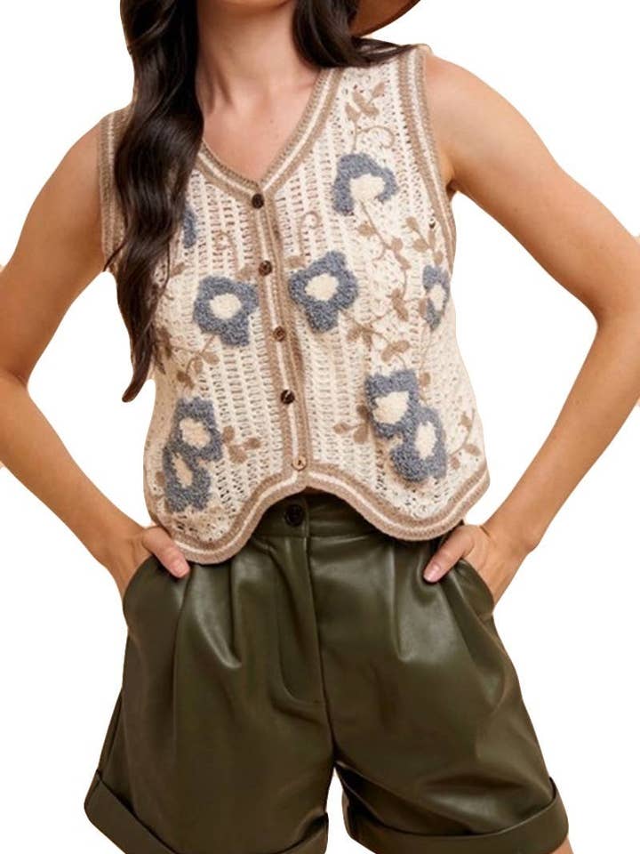 Colete de Malha com Aplique Floral em Croché por atacado de Vanilla Monkey