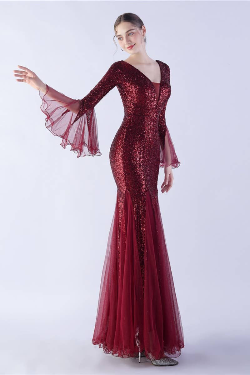 NINEXIS - Wholesale Dress - Women's - CWDMD3627_WAVY MESH BANQUET STAGE SEQUIN DRESS DRESS LONG0