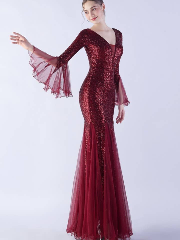 NINEXIS - Wholesale Dress - Women's - CWDMD3627_WAVY MESH BANQUET STAGE SEQUIN DRESS DRESS LONG