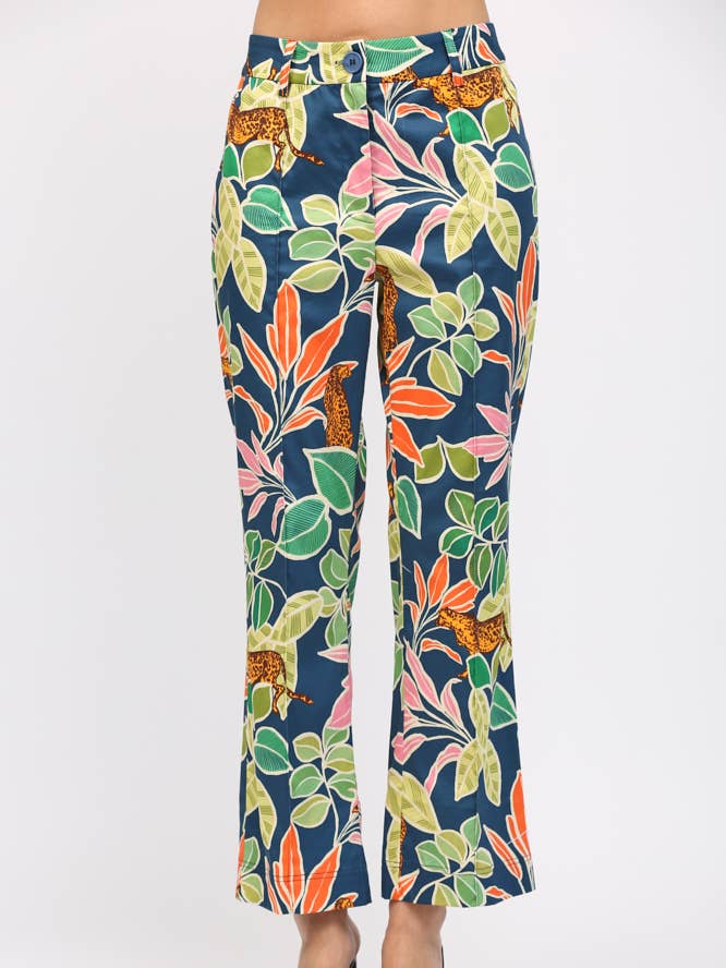 NAVY MULTI TROPICAL PRINT PINTUCK FLARE PANTS FP60025 for wholesale on Faire