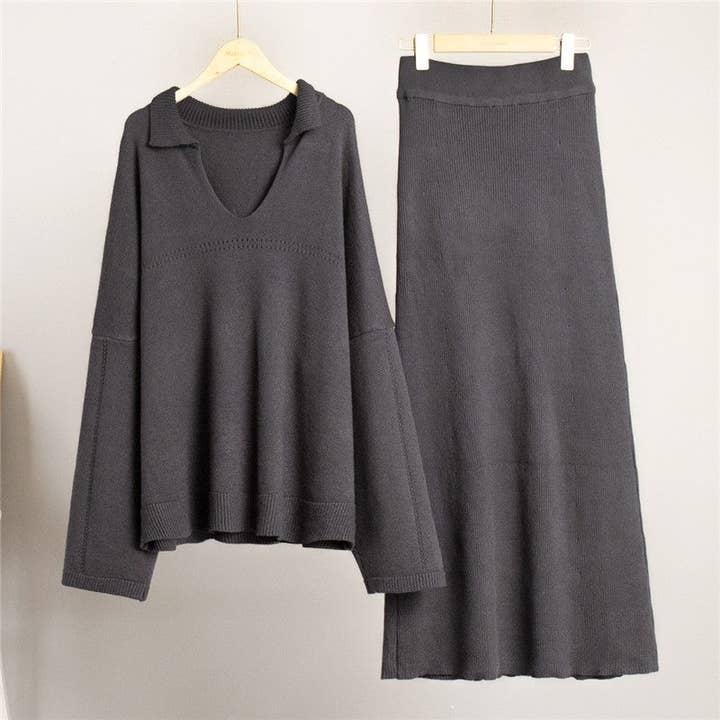 Sheer Trend - Wholesale Top & Skirt Set - Women's - Solid V-Neck Sweater Skirt Set5