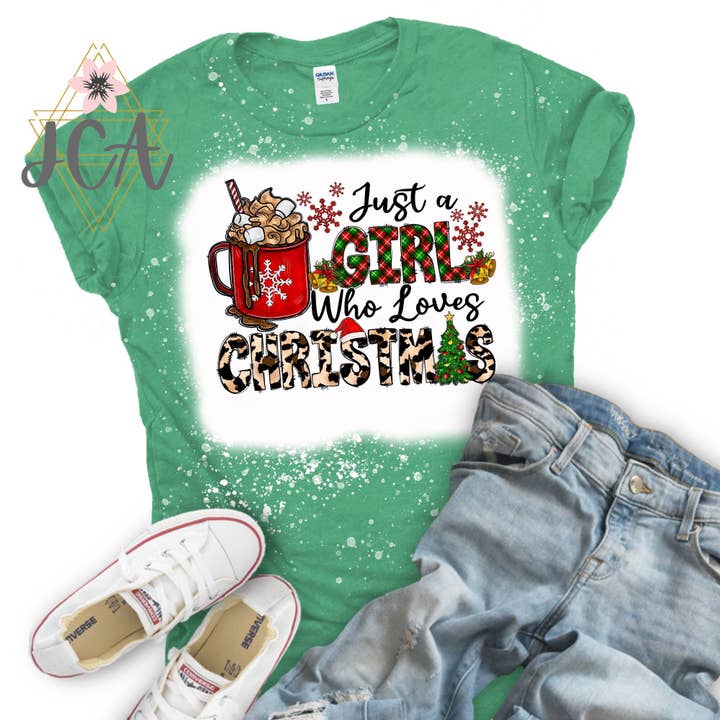 Jocelyn's Comfy Apparel - Wholesale Screen Printed T-Shirt - Women's - Just A Girl Who Loves Christmas Shirt, Bleach Christmas Tee4
