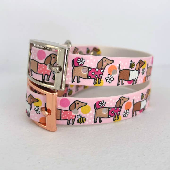Puppies & Pom Poms - Wholesale Pet Collar - Dog - Bee Happy Dachshunds Pink Handmade Dog Collar4