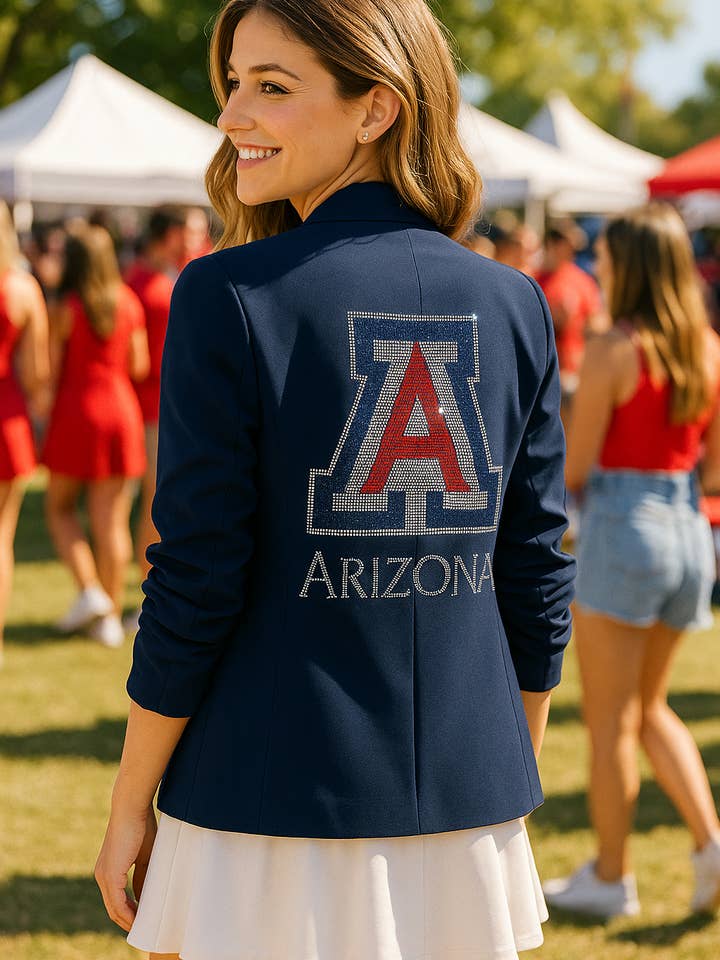 Universiteit van Arizona Blok A Arizona Marineblauwe Blazer met Gerimpelde Mouwen voor wholesale door Moving Forward Designs