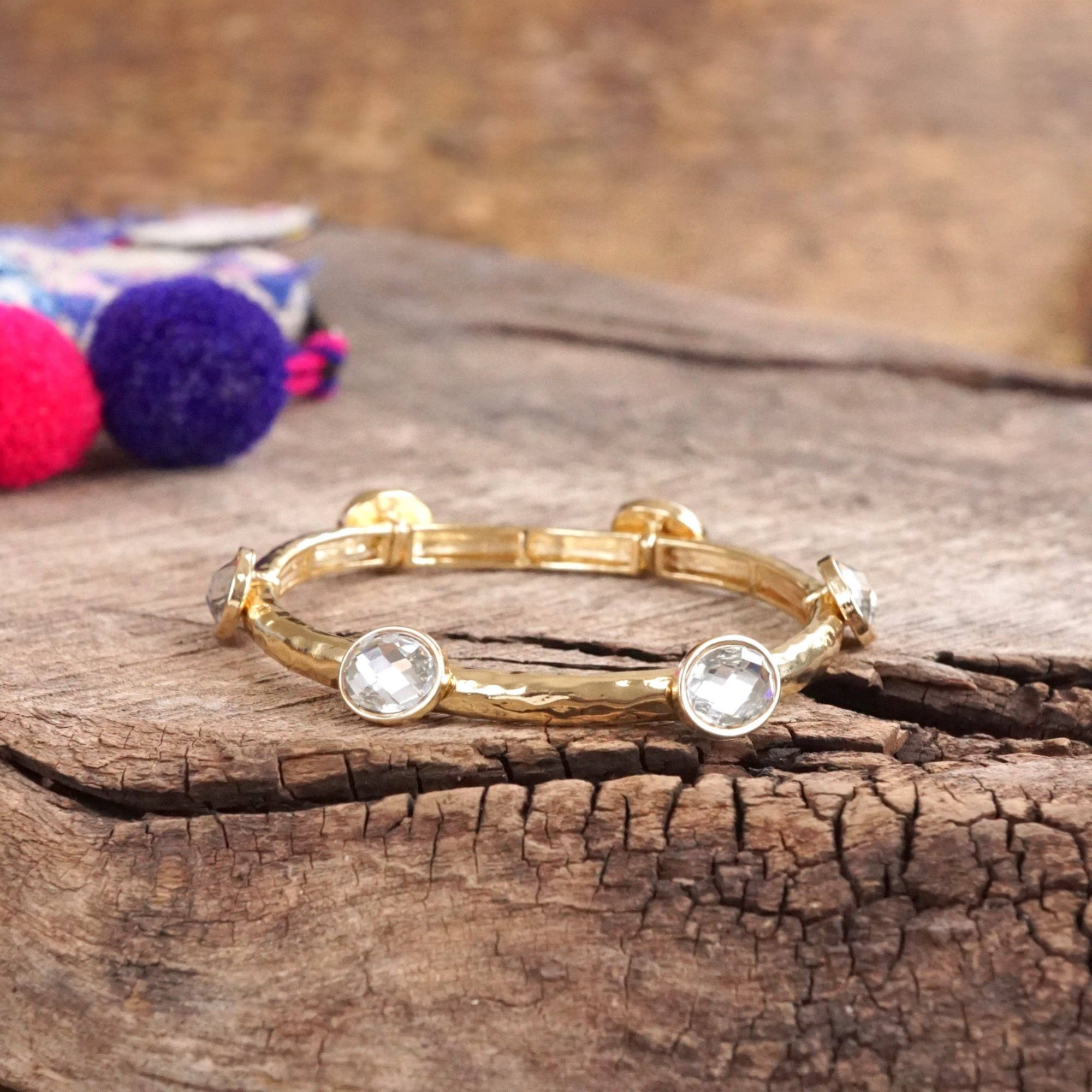 PennyLine inc - Wholesale Bangle Bracelet - Jeweled Golden Bangle - with Faceted glass oval colorful jewels0