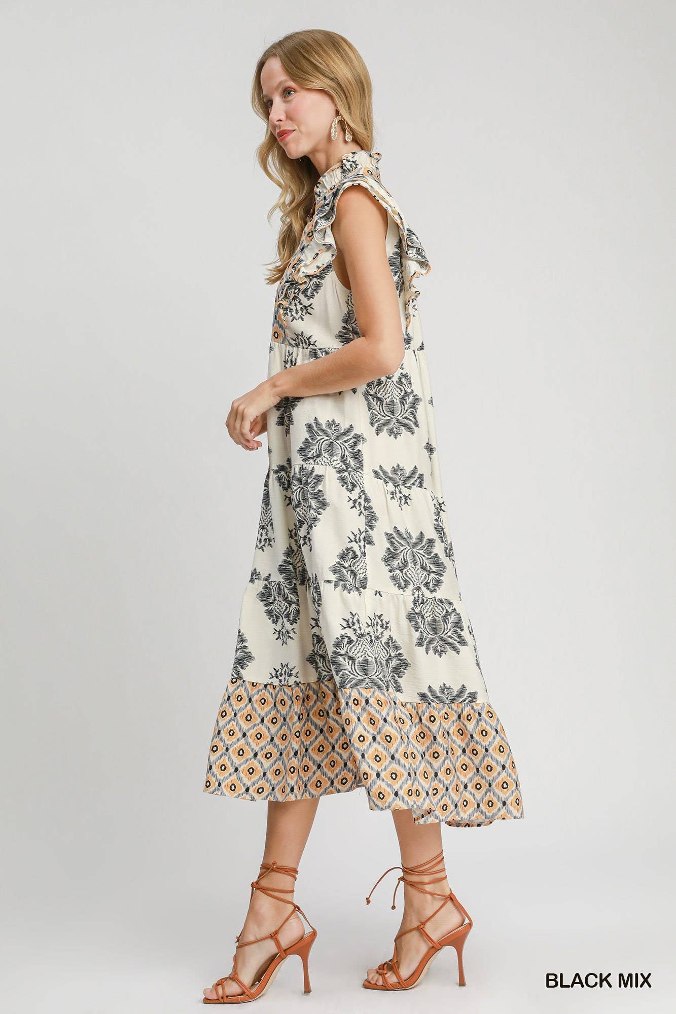 Vanilla Monkey – wholesale Klänning - Dam – Blandad tryckt midiklänning med kontrasterande kantband2