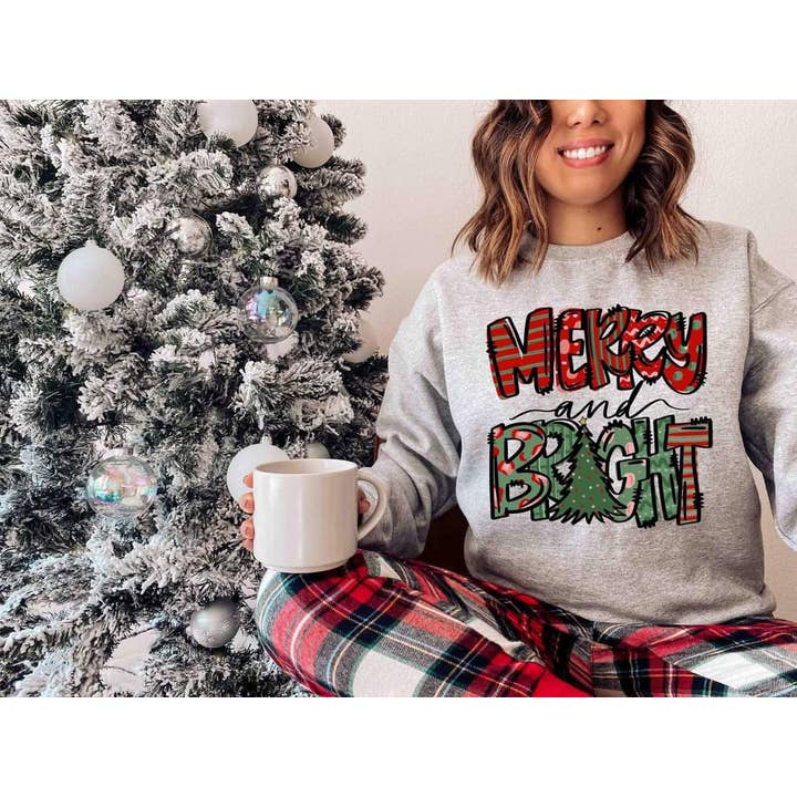 Merry and Bright crewneck for wholesale by Ebony's Tees's and Crafts