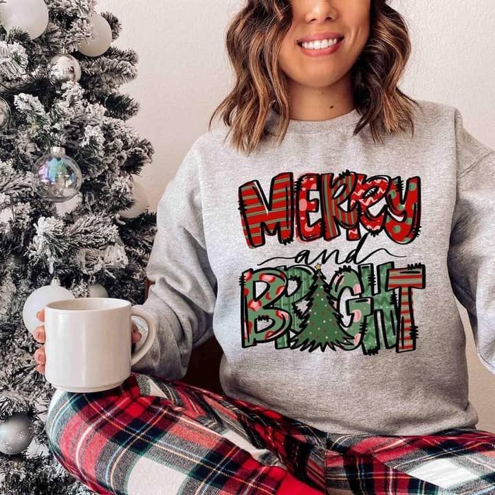 Merry and Bright crewneck for wholesale by Ebony's Tees's and Crafts