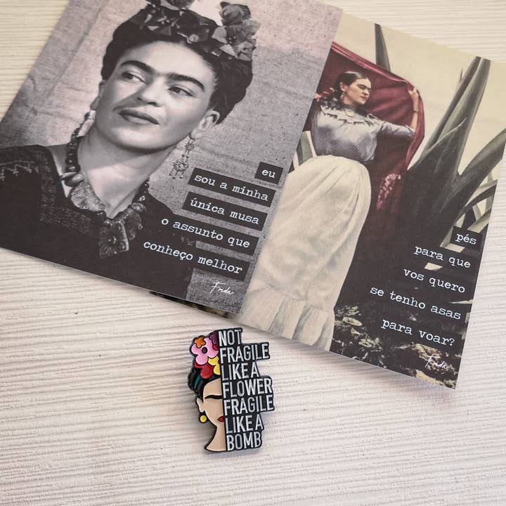 Frida pin + postcard pack for wholesale by Pampa Mia
