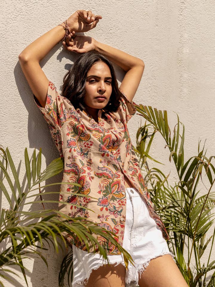 Studio Kibun - Wholesale Shirt - Unisex - Bougainvillea Handblock Printed Cotton Shirt