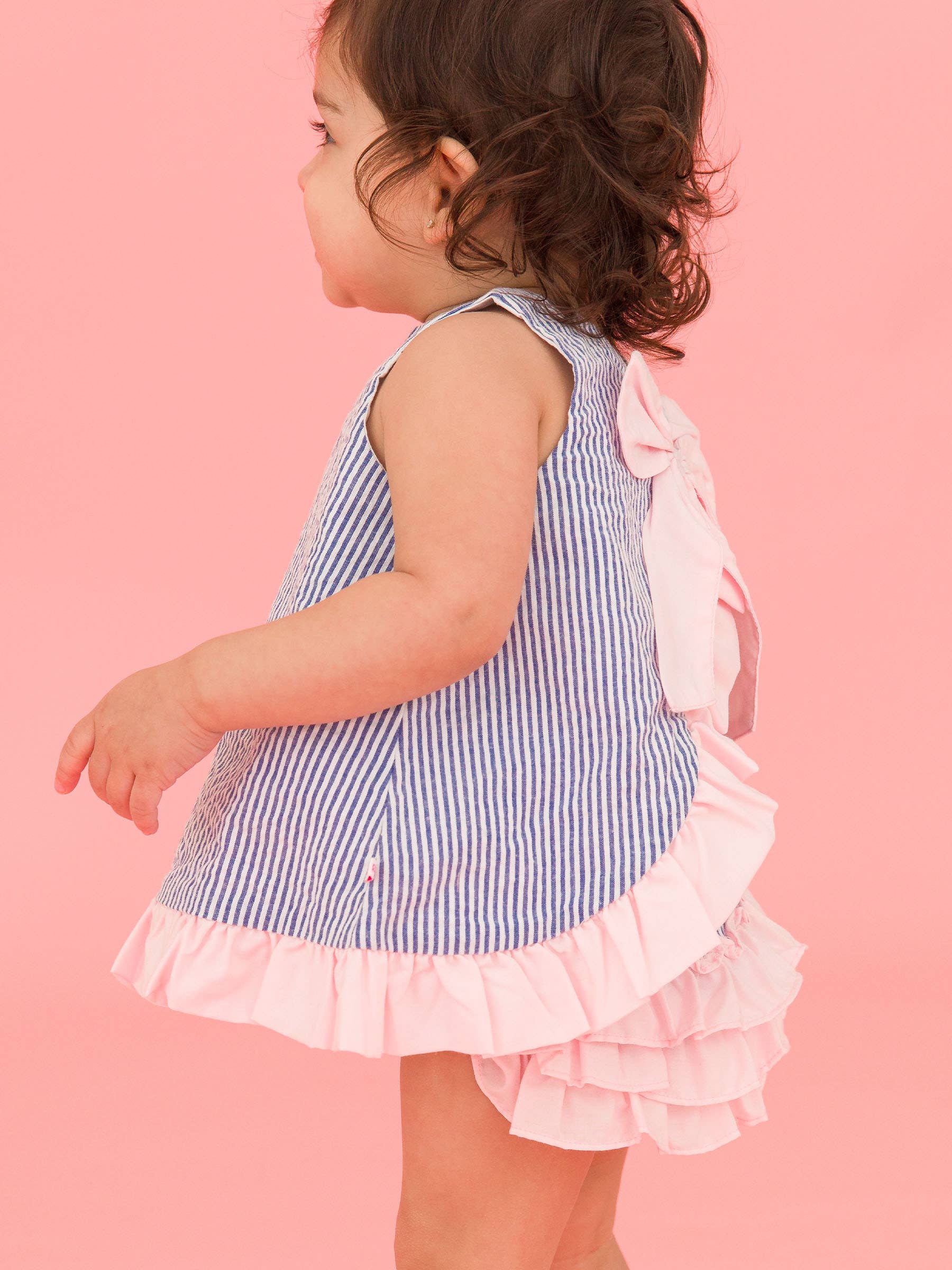 Baby Girls Blue Seersucker Ruffle Swing Top & Bloomer Set for wholesale on Faire6