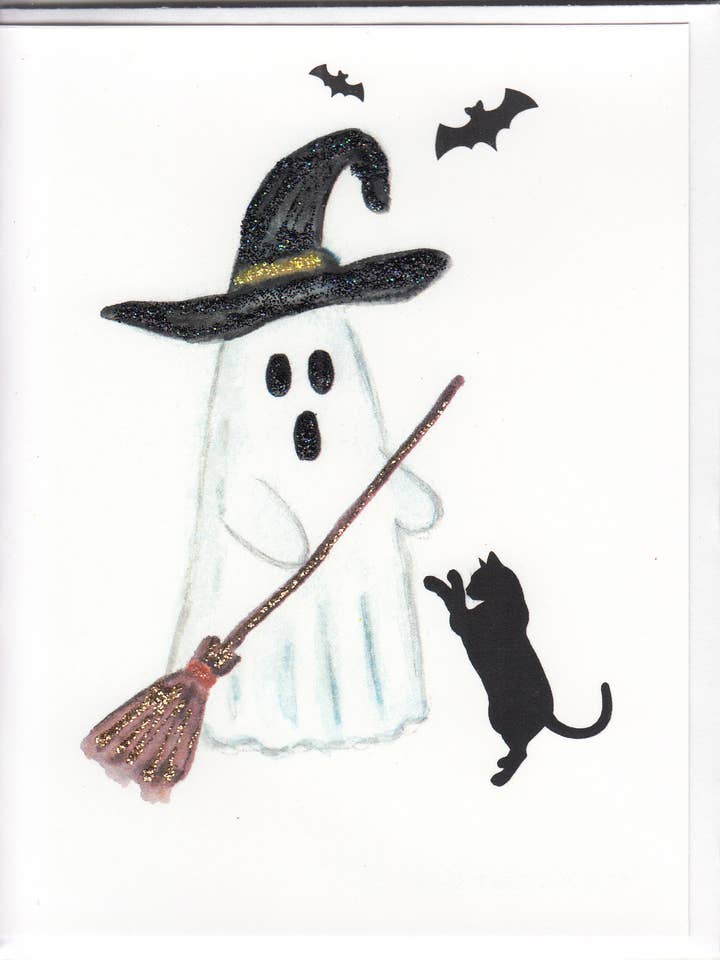 Scaredy Ghost & Cat Watercolor Print Glitter Card for wholesale by The Marble Faun Gifts