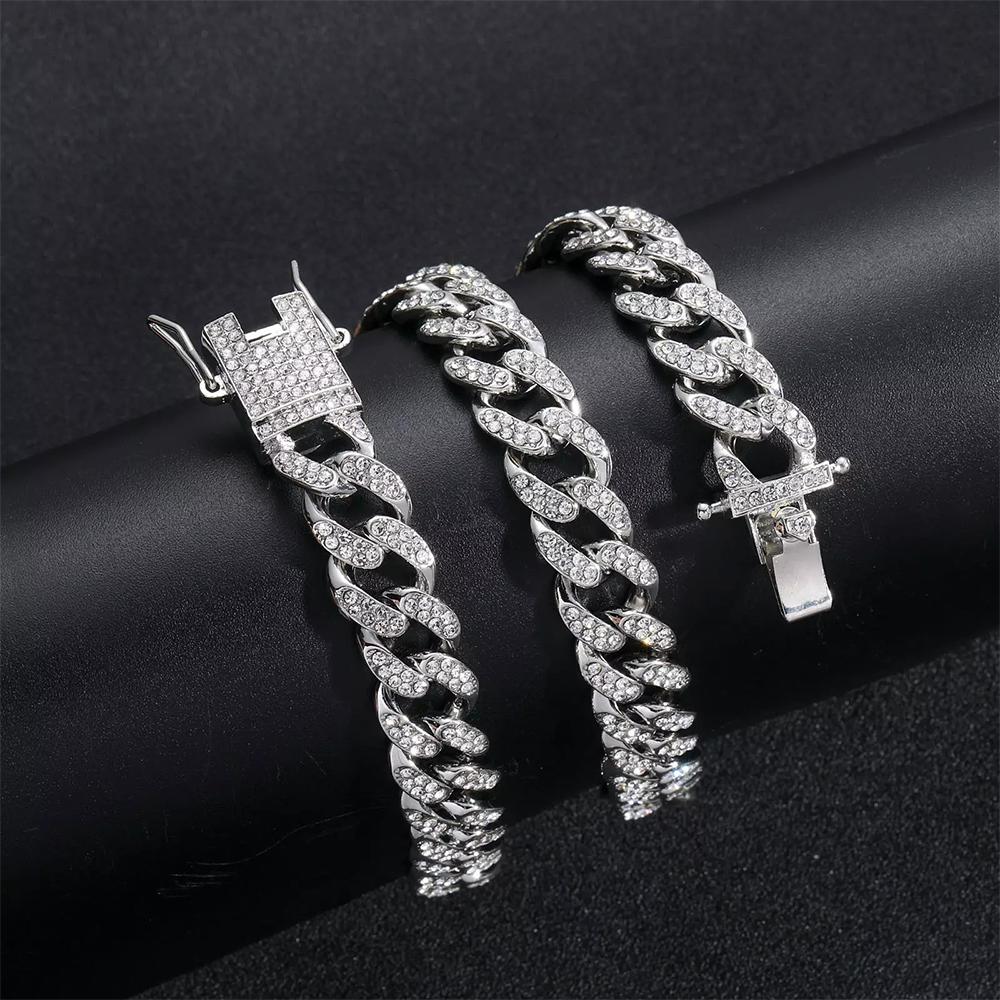 EMESLY - Vente Collier maille et chaîne - Collier cubain Iced Out (13 mm de largeur ; argent)6