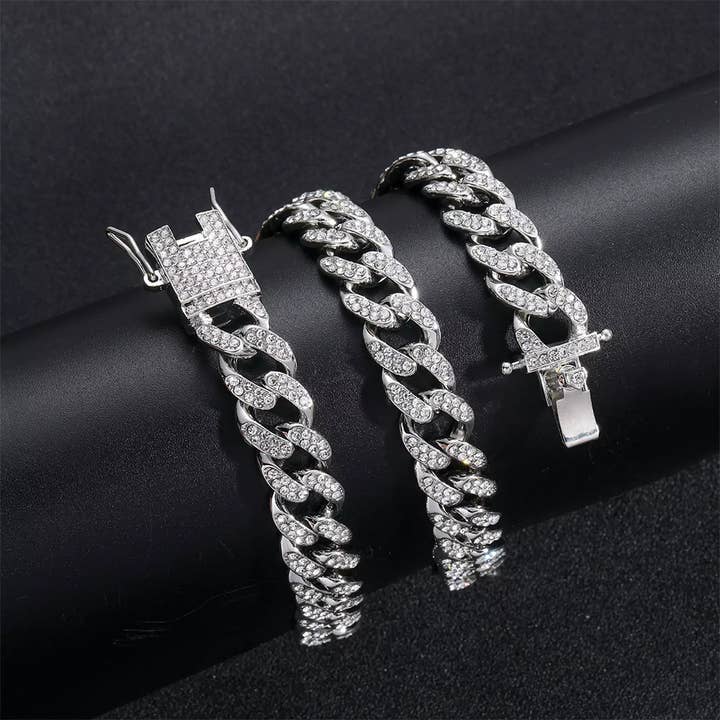 EMESLY - Vente Collier maille et chaîne - Collier cubain Iced Out (13 mm de largeur ; argent)6