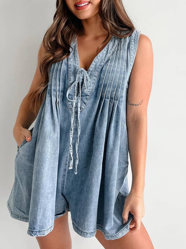 Rosa Clothing - Wholesale Romper - Women's - V-Neck Lace-Up Sleeveless Denim Shorts Jumpsuit