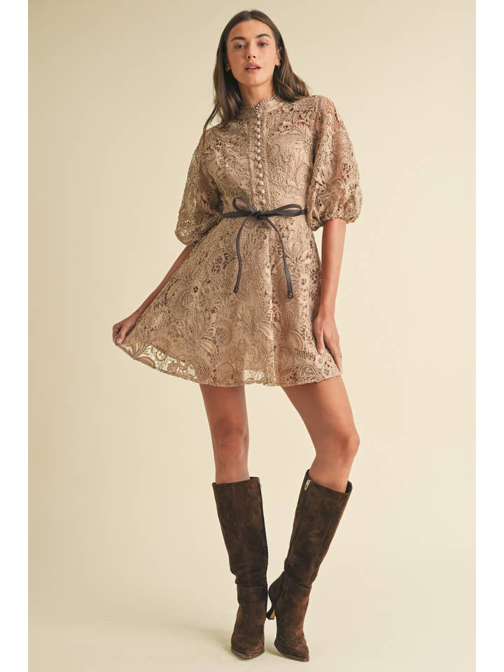 Beige Crochet Lace VIctorian style Mini Dress for wholesale on Faire
