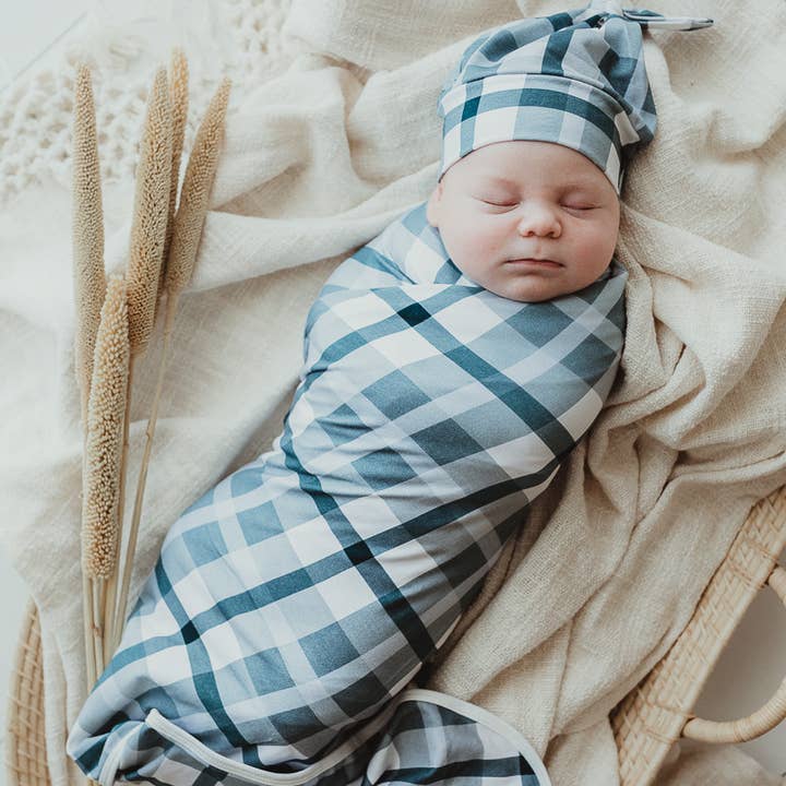 Cyprus Plaid Jersey Swaddle Stretch Wrap & Beanie Set for wholesale by SNUGGLY JACKS