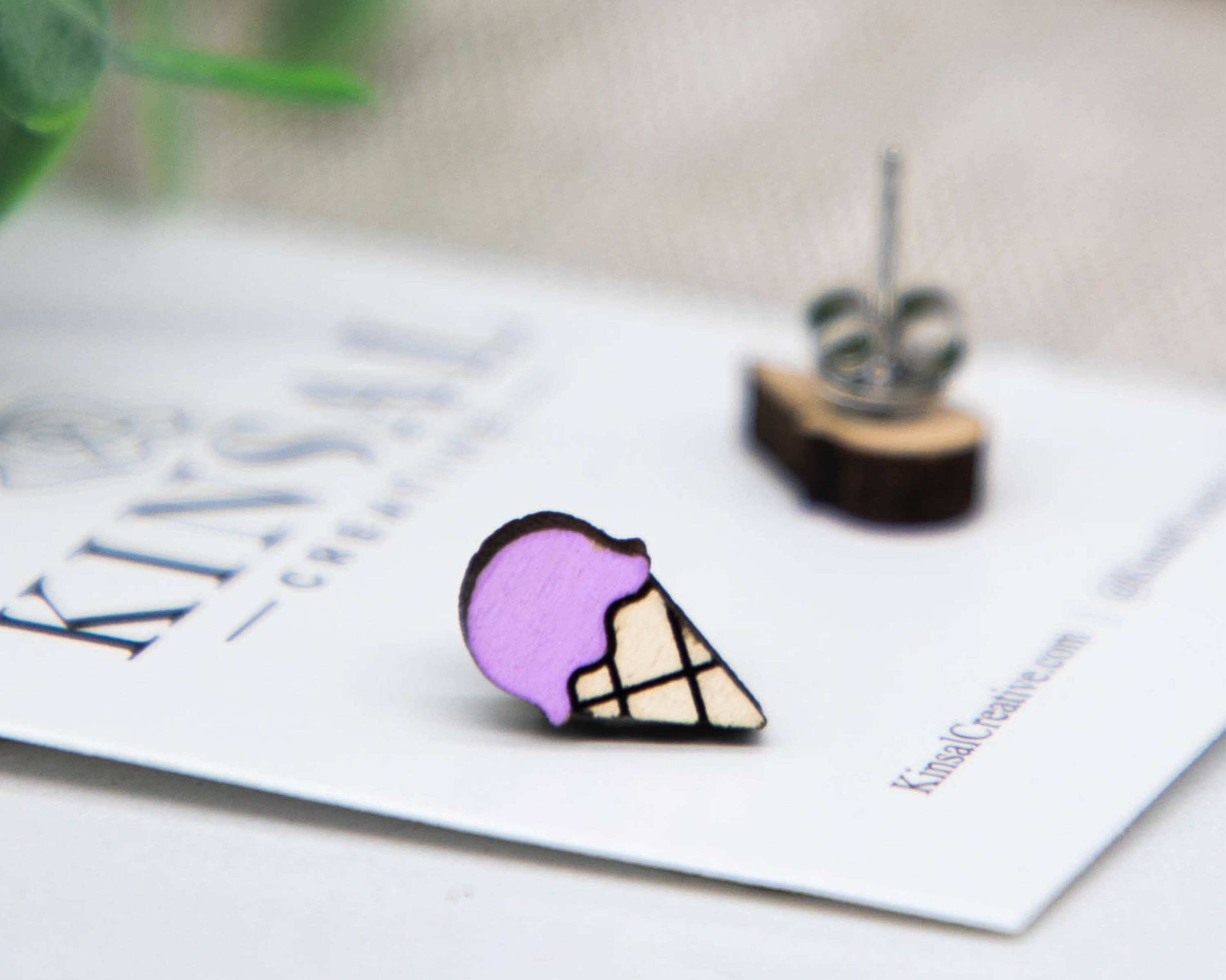 Kinsal Creative – wholesale Stud/post earrings – Ice Cream Waffle Cone Wood Stud Earrings8
