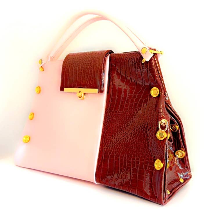 Soderena Designs - Vente Sac à main avec poignée sur le dessus – femme - SAC À MAIN EN CUIR VERNIS ROSE ET CHOCOLAT ÉPUISÉ1