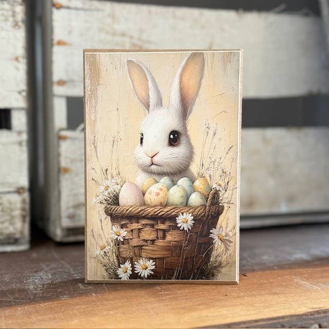 JanMichaels Art & Home - Wholesale Sign - HMK1121B Bunny Basket of Eggs Block