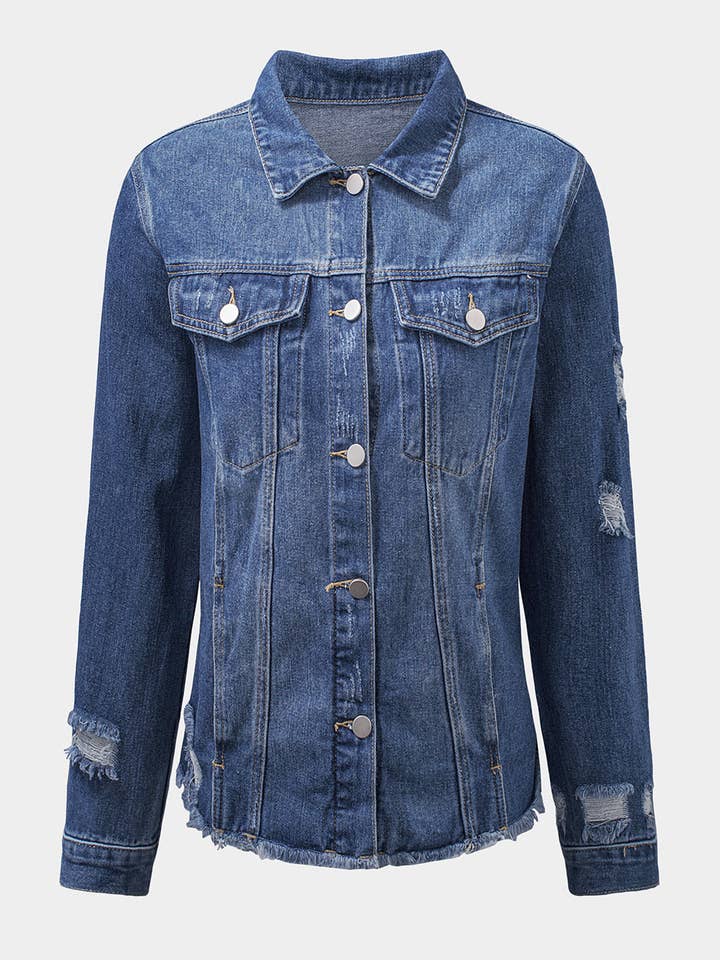 Blue Lapel Distressed Raw Hem Buttons Denim Jacket for wholesale on Faire8