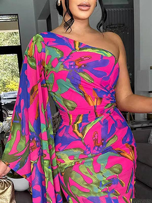 FUCHSIE Bodycon ärmellose asymmetrische plissierte bedruckte One-Shoulder-Maxikleider für den Großhandel auf Faire