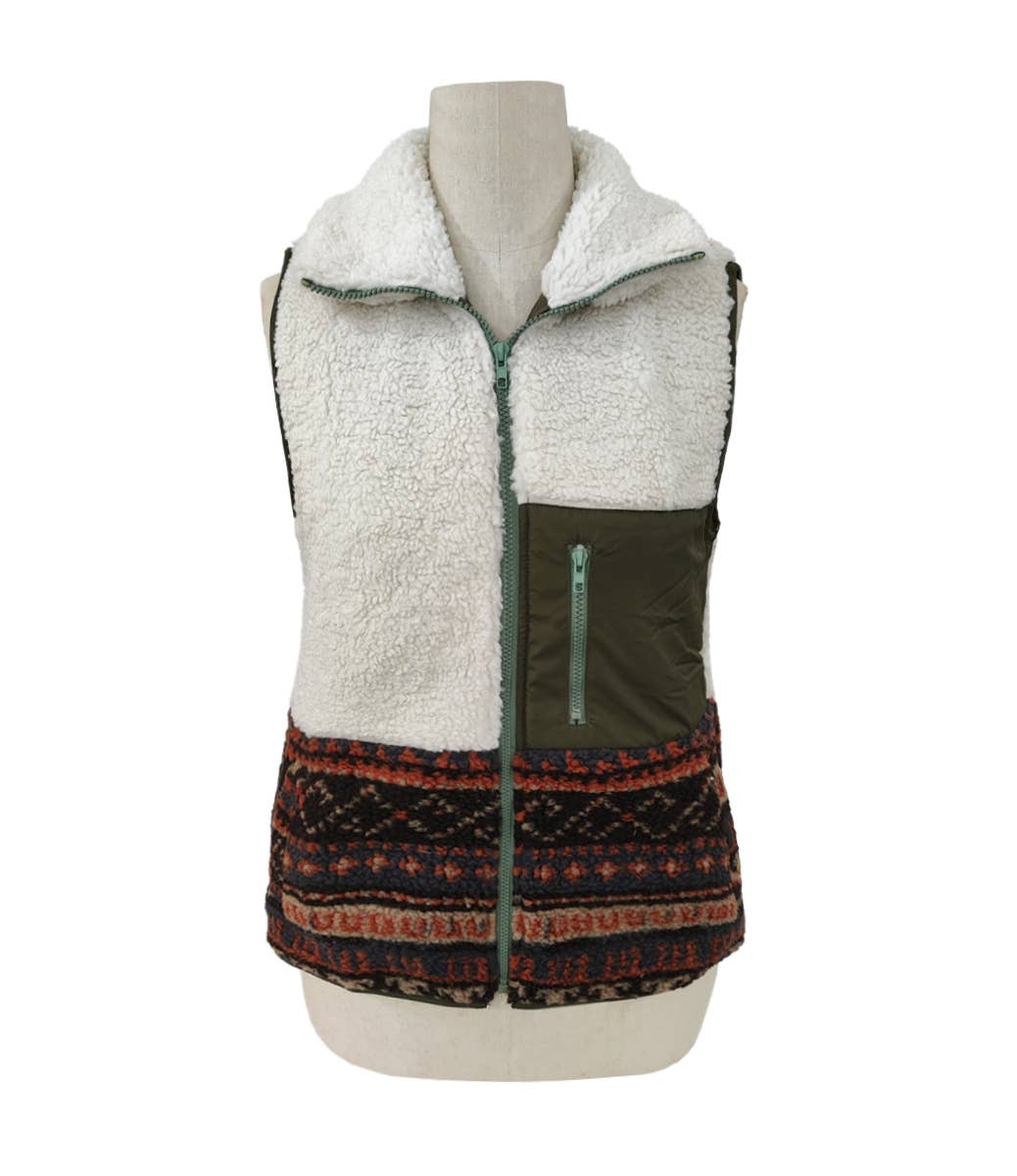 olive Aztec pattern Western Sherpa Fleece Zip up Vest for wholesale on Faire0