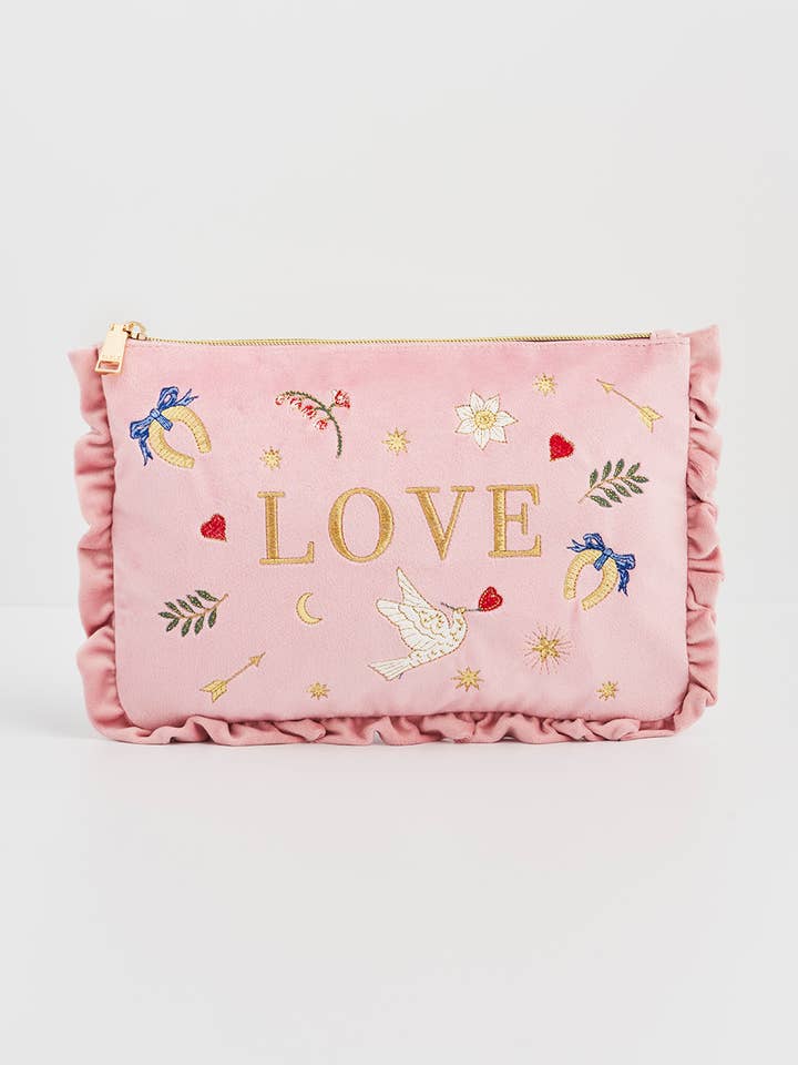 Elsker Scatter Pink Velvet Broderet Pung for engroshandel hos Fable England