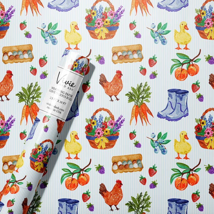 Blue Farmers Market Wrapping Paper Roll for wholesale by Vivie and Ash