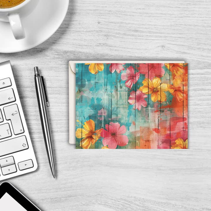 Tropisk blomsterkort sæt – Pakke med 8 blanke 5,5" x 4,25" kort med kuverter – Lyse frugt- og blomsterdesigns for engroshandel hos The Paper Den