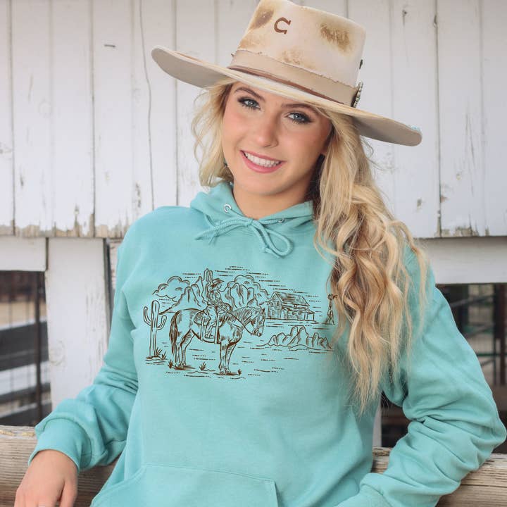 Cowgirl on the Ranch Sage Hoodie for wholesale by Snappy 6 Co