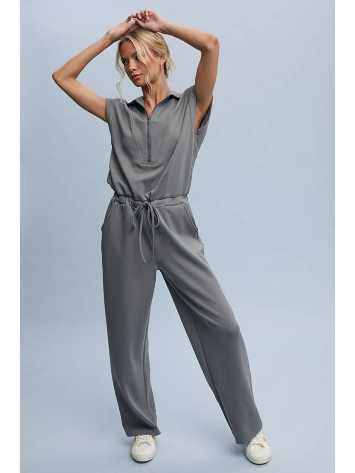GREY SCUBA HALF ZIP JUMPSUIT WITH OVERSIZED COLLAR / WL24-9333 for wholesale on Faire
