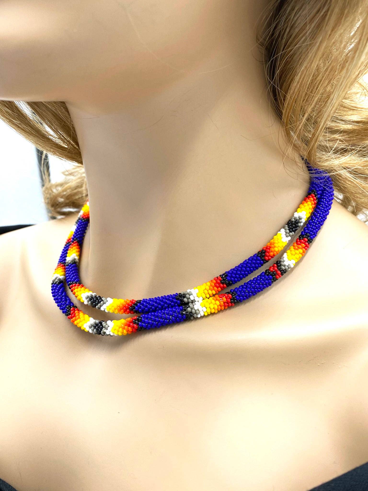 BEADS CORNER - Vente Colliers tissés - Collier à double rangée de perles style amérindien - Bleu profond Fire3