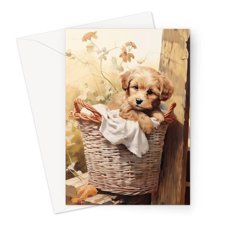 Carte de vœux pour chiot Cute Basket Spaniel, taille A5 pour la vente par Wild And Arty