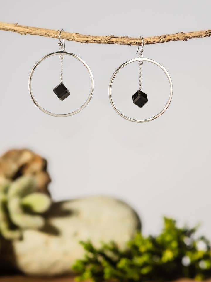 .925 Silver Hoop with Black Spinel Cubes-OH Spinel! (White) for wholesale by Eleganz Jewelry, LLC