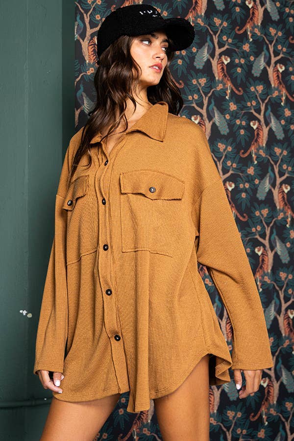 BUCKETLIST OUTLET - Wholesale Shirt Jacket/Shacket - Women's - T1320-4 OUTLET SALE Solid Rib Knit Oversized Shacket Shirt28