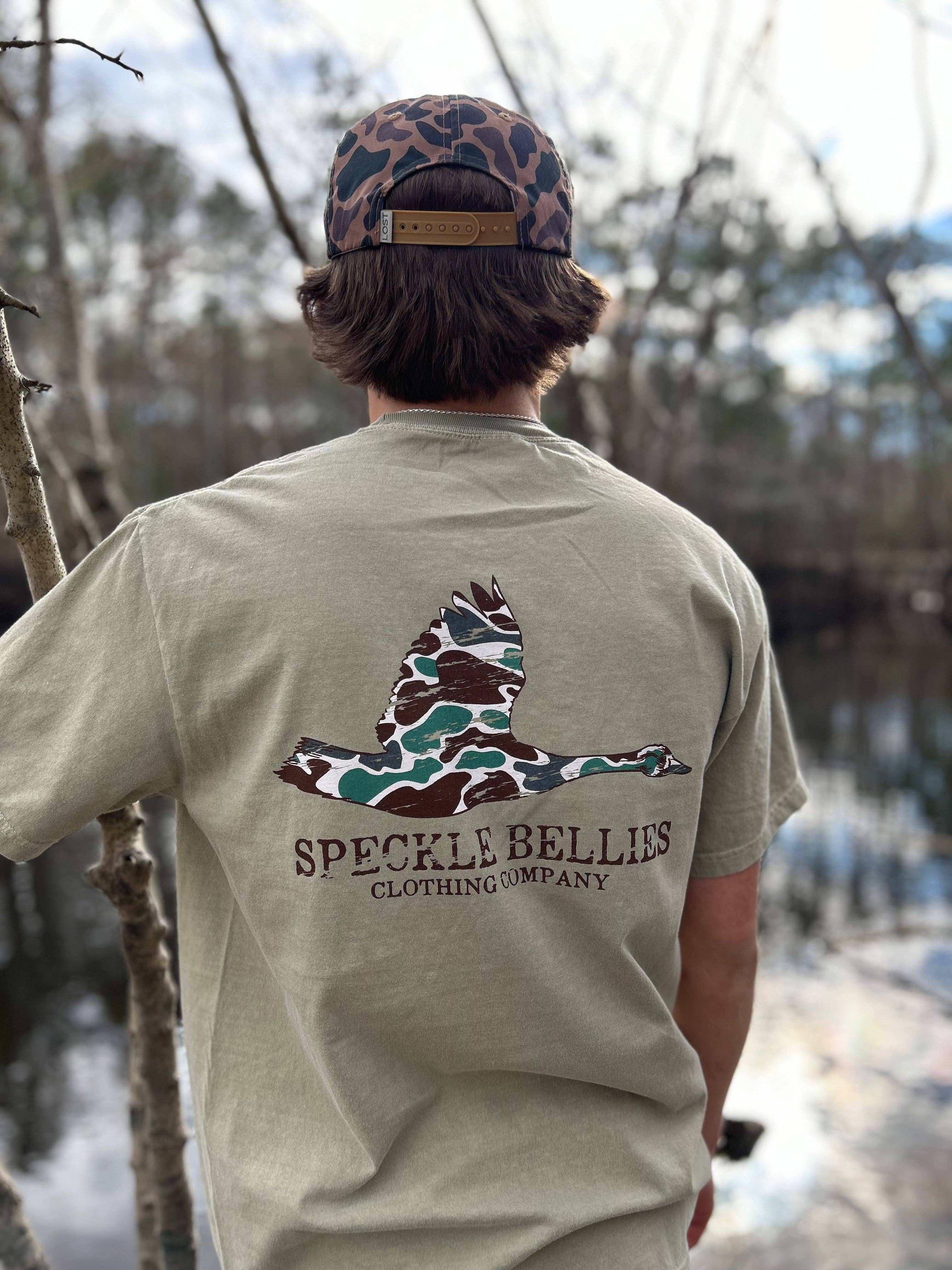 Speckle Bellies Clothing Company - Wholesale Screen Printed T-Shirt - Unisex - Camo Goose  Pocket Tee2