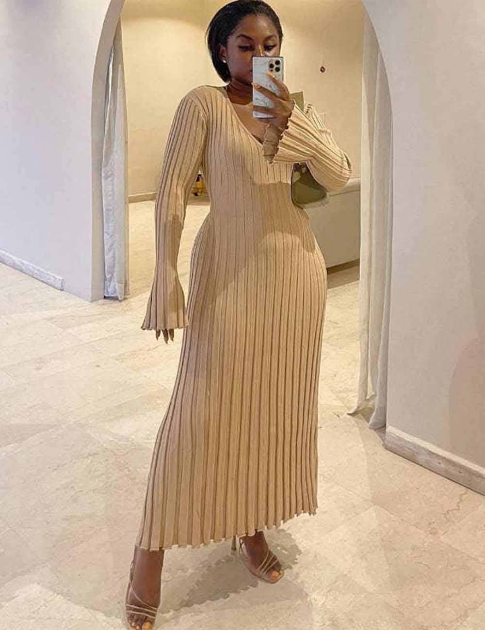 Sweetkama - Venta al por mayor Vestido - Mujer - Vestido de punto largo para mujer Sweetkama con escote en V y dobladillo ancho5