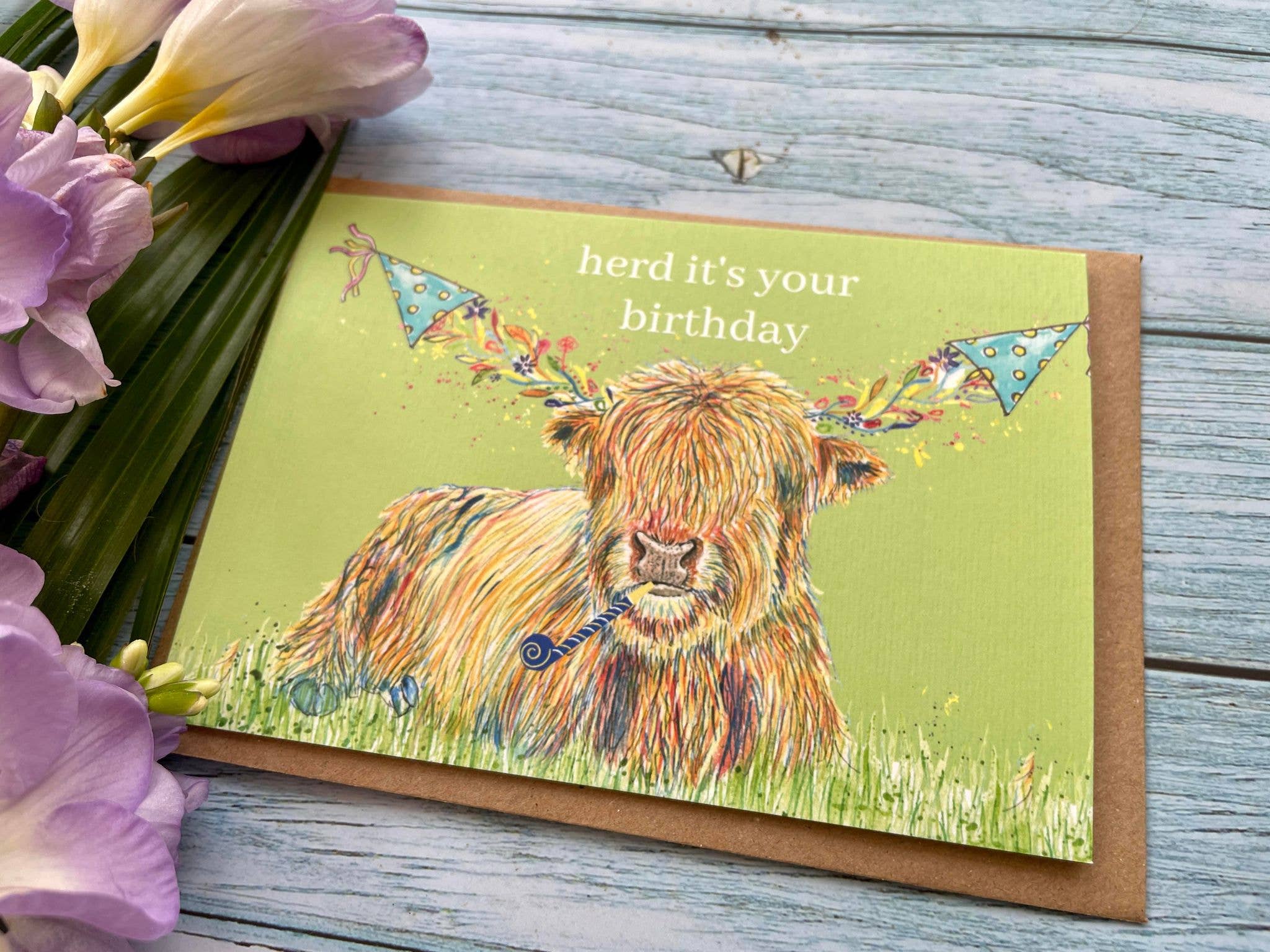 Jen Winnett Eco Artist - Wholesale Birthday Card - Herd it's your birthday | Highland Cow Card Birthday Funny1